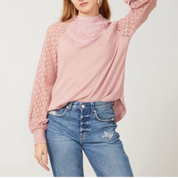 Free People | s | pink lace thermal, sweetest thing top, balloon long sleeves - Picture 1 of 8